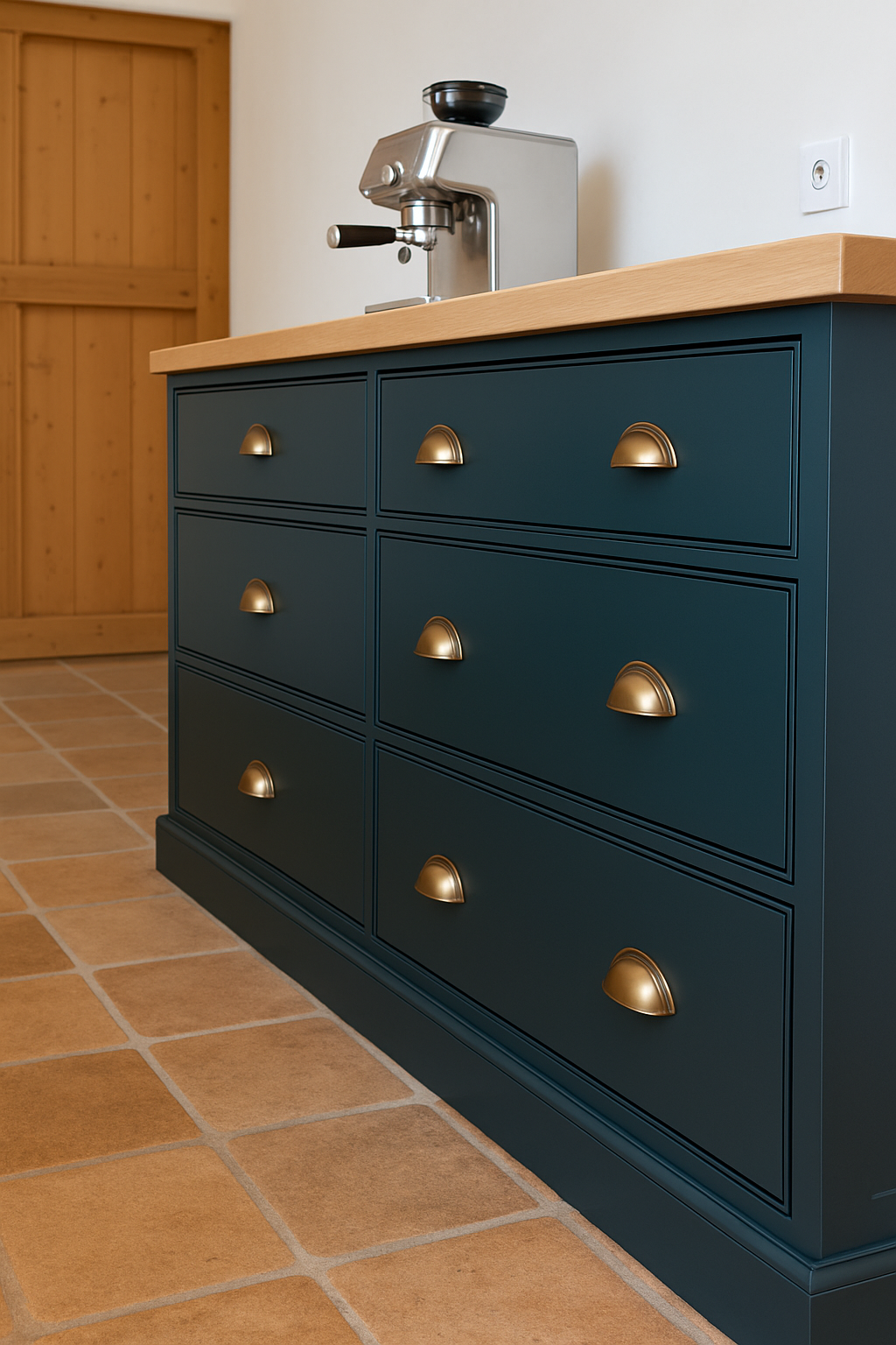 Kitchen drawer cabinet fitted with bronze d-cup handles